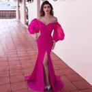 Simple Hot Pink Off the Shoulder Backless Satin Mermaid Prom Dresses