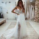 A Line V Neck Spaghetti Straps Lace Wedding Dress with Appliques
