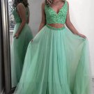 A Line V Neck Two Pieces Beading Tulle Mint Green Prom Dresses