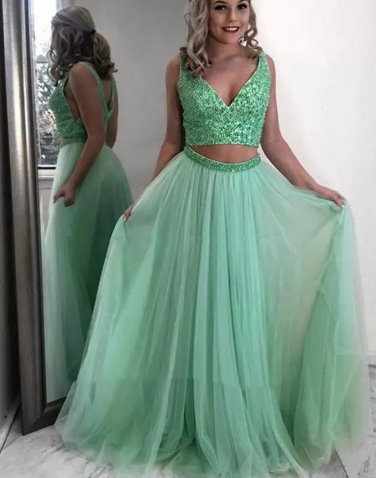 A Line V Neck Two Pieces Beading Tulle Mint Green Prom Dresses