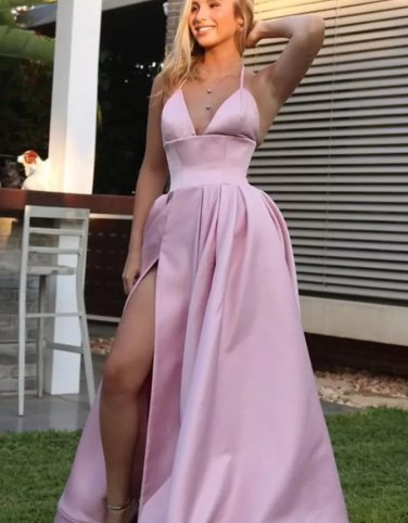 A-line Deep V Neck Empire Long Prom Dresses Front Split Floor Length Backless Party Gowns
