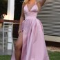 A-line Deep V Neck Empire Long Prom Dresses Front Split Floor Length Backless Party Gowns