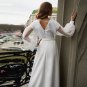 Backless O-Neck Boho Vintage Puffy Sleeves Wedding Dress Beach Country Soft Satin Split Bride Gown