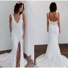 sexy v-neck backless front slit full lace bohemian bridal dress