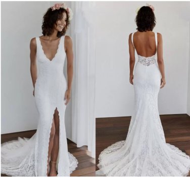 sexy v-neck backless front slit full lace bohemian bridal dress