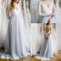 Boho Beach Wedding Dresses Long Sleeves Tulle Sweep Train Tulle V Neck Custom Made Wedding Gown