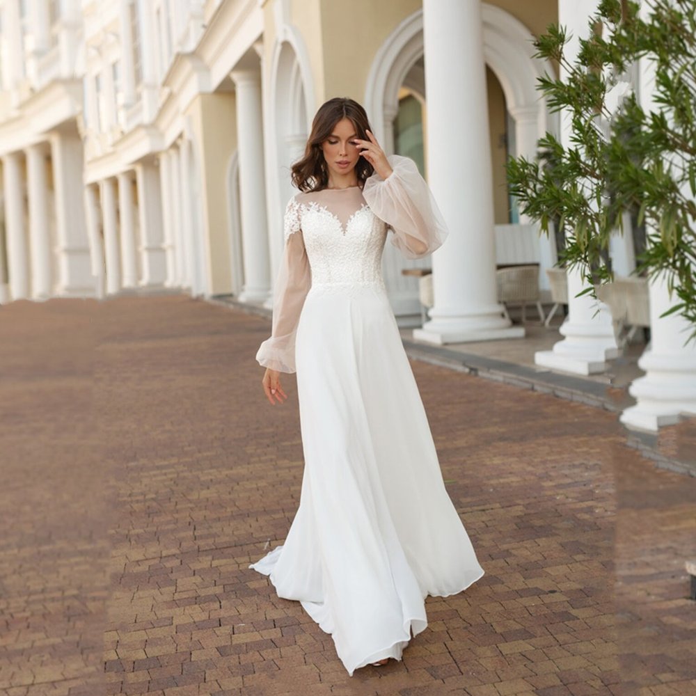 Boho Mermaid Wedding Dress Scoop Neck Long Puff Sleeves Lace Applique Button Bridal Gown