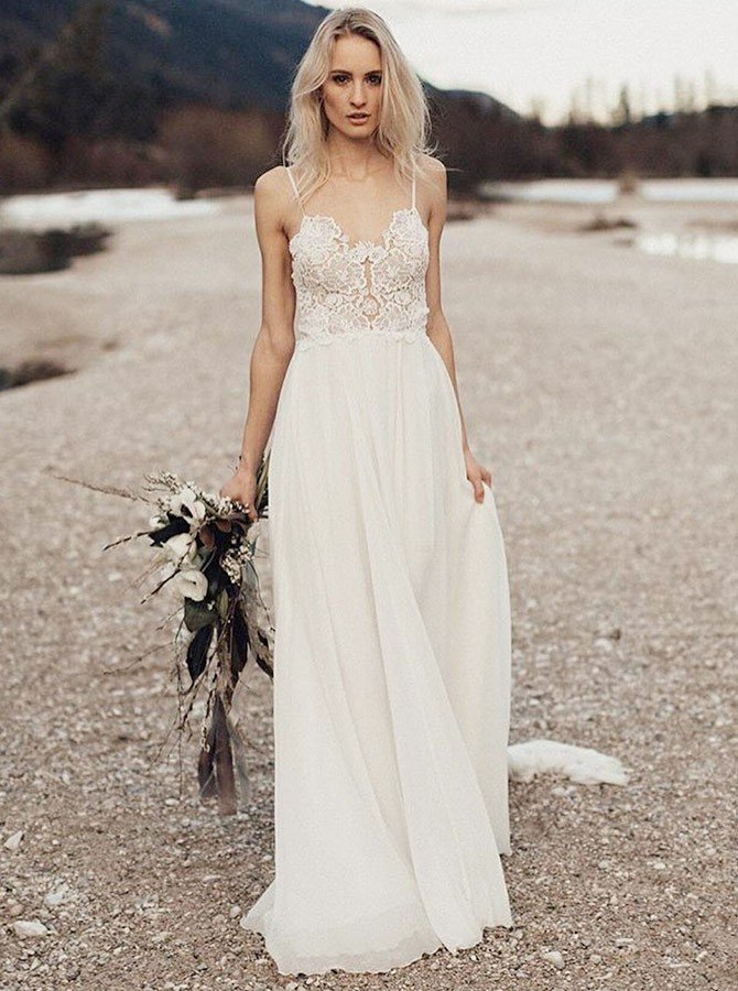 Charming White Wedding Dress,Chiffon Long Wedding Gown