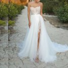 Chic A Line Side Split Wedding Dresses Jewel Neck Sleeveless Ruched Tulle Skirt Boho Bridal Gowns