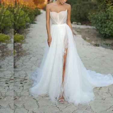 Chic A Line Side Split Wedding Dresses Jewel Neck Sleeveless Ruched Tulle Skirt Boho Bridal Gowns
