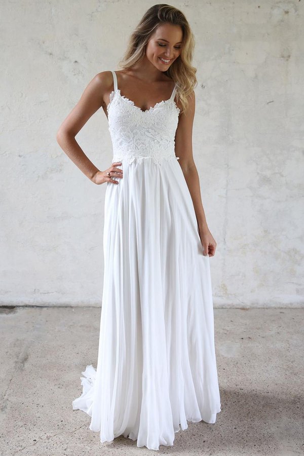 Elegant A-Line V Neck Open Back White Lace Beach Wedding Dress