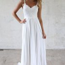 Elegant A-Line V Neck Open Back White Lace Beach Wedding Dress