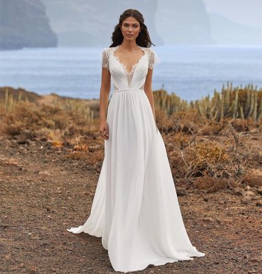 Elegant Chiffon Pleated Boho Wedding Dress For Women Lace Back Cap Sleeve Bridal Gown