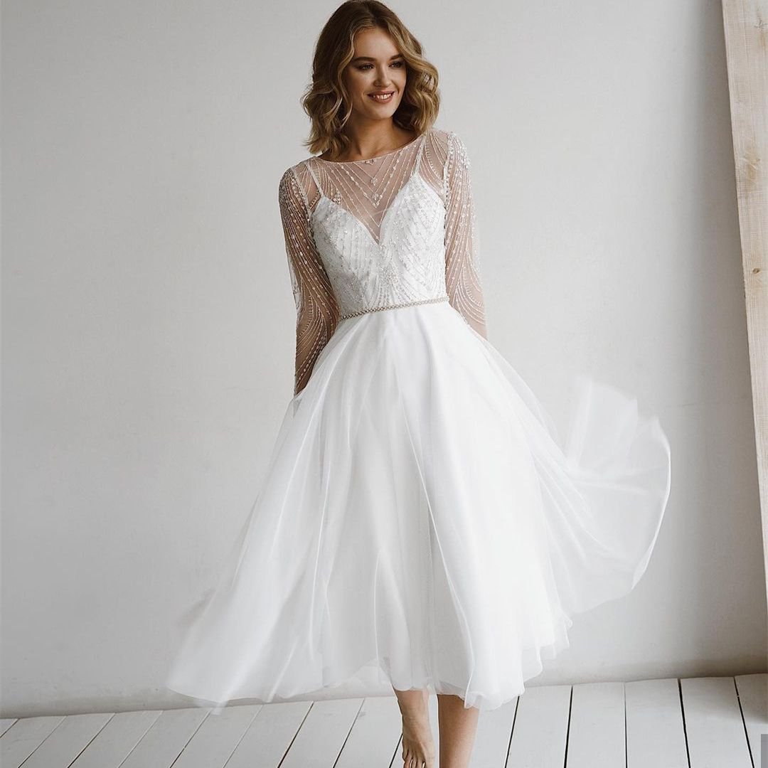 Elegant Short Wedding Dress Long Sleeves Beading Sashes Tassel Backless Appliques Party Gown