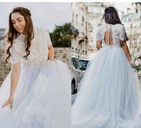 Lace Boho Wedding Dresses Short Sleeves A Line Tulle Sweep Train Neck Backless Bridal Gown