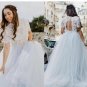 Lace Boho Wedding Dresses Short Sleeves A Line Tulle Sweep Train Neck Backless Bridal Gown