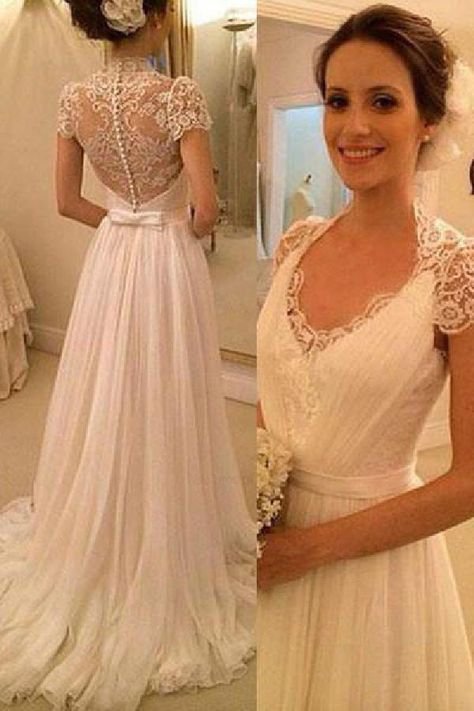 Lace Wedding Dress Sheer Bodice Cap Sleeves Bridal Gowns Travel Garden Chiffon Wedding Gown