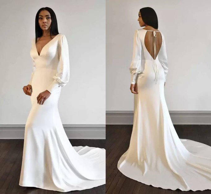 Sexy V-neck Backless Sweep Train Bohemian Mermaid Bridal Gowns