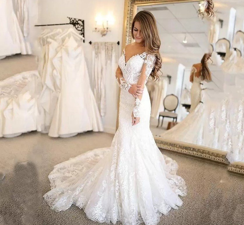 Long Sleeves Lace Mermaid Wedding Dresses with Appliques
