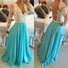 A-Line Lace Deep V-Neck Prom Dresses,Long Sleeves Pearls Sash Evening Dresses