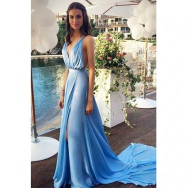 Blue prom dress, simple prom dress, off shoulder prom dress, v-neck prom dress