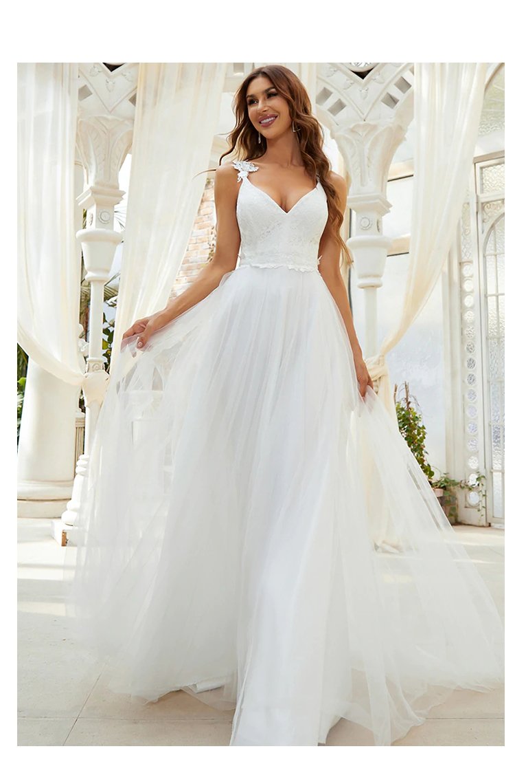 Long A-LINE V-Neck Sleeveless Backless Floor-Length  Lace Simple Wedding Dress