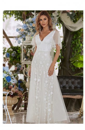 Long V-Neck A-Line Floor Length Sleeveless Backless Lace Simple Wedding Dress