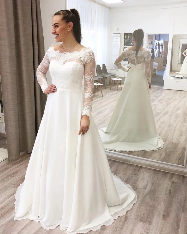 A-Line Off the Shoulder White Chiffon Wedding Dresses