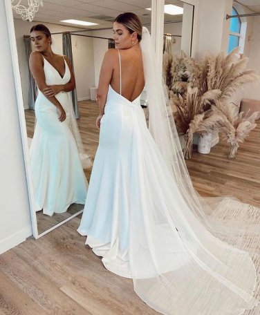 A-Line V Neck Spaghetti Straps Satin Wedding Dress
