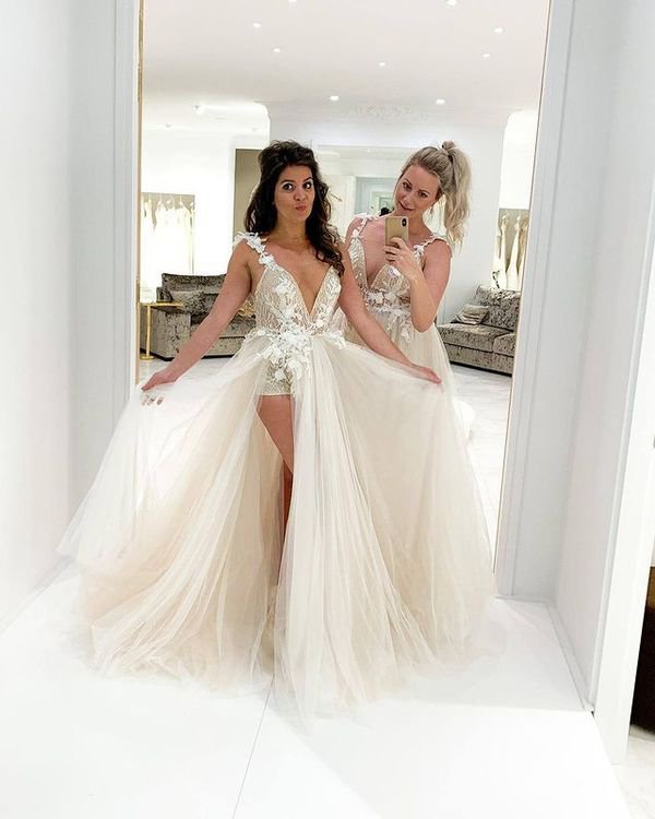 Beautiful A-Line V Neck Beige Tulle Lace Wedding Dress