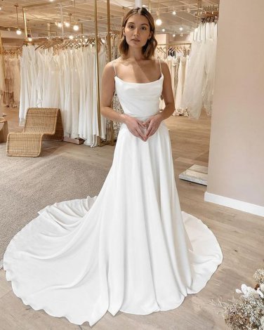 Elegant A Line Cowl Neck Spaghetti Straps White Satin Wedding Dress