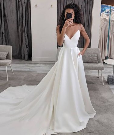 Elegant Ball Gown V Neck Straps White Satin Wedding Dress