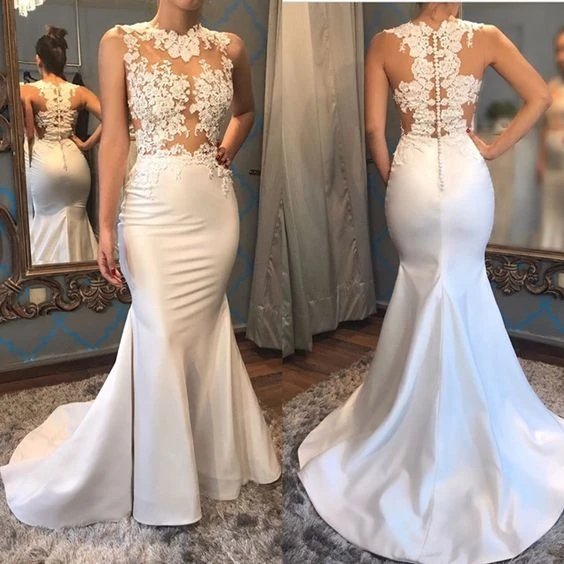 Elegant White Satin Mermaid Wedding Dresses Lace Appliques