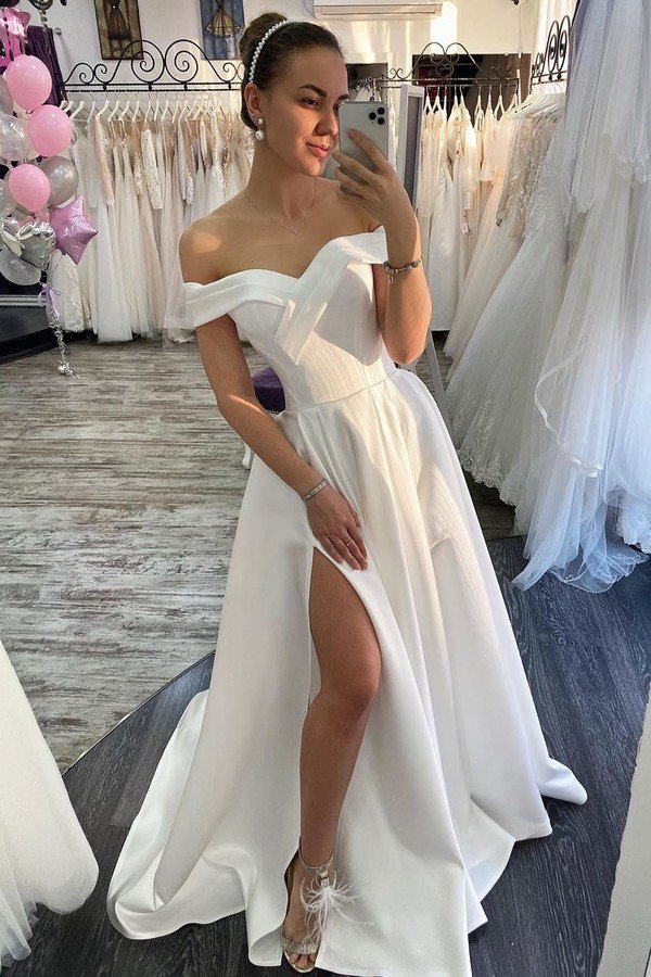 Off-the-shoulder White Casual Wedding Dress with Side Slit