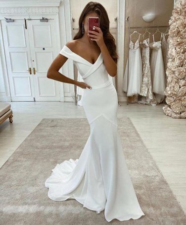 Simple Mermaid Off the Shoulder White Soft Satin Wedding Dress