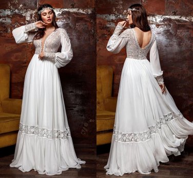 Boho hippie Long Puff Sleeve Lace Chiffon Deep V Neck Backless bridal gowns