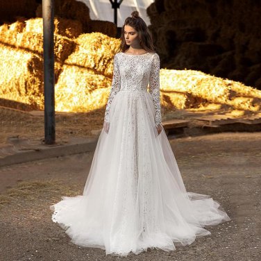 Boho Long Sleeve Wedding Dresses Lace A Line Scoop Neck Tulle Sexy Backless Beach Bridal Gowns