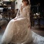 Bohemian Long Sleeve Sheer Mesh A-Line SweepTrain Sexy Deep V Neck Lace Applique Wedding Dress