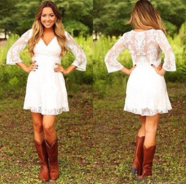 Short Lace Cowgirls Country Wedding Dresses with Sleeves