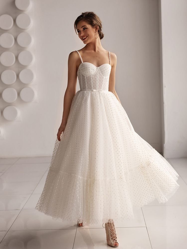 A Line Sweetheart Spaghetti Straps Dot Tulle Bridal Gown