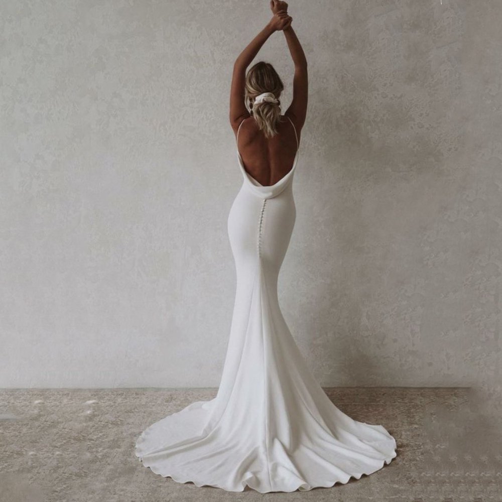 Simple Crepe Satin Sheath Wedding Dress V Neck Cowl Straps Bridal Gowns