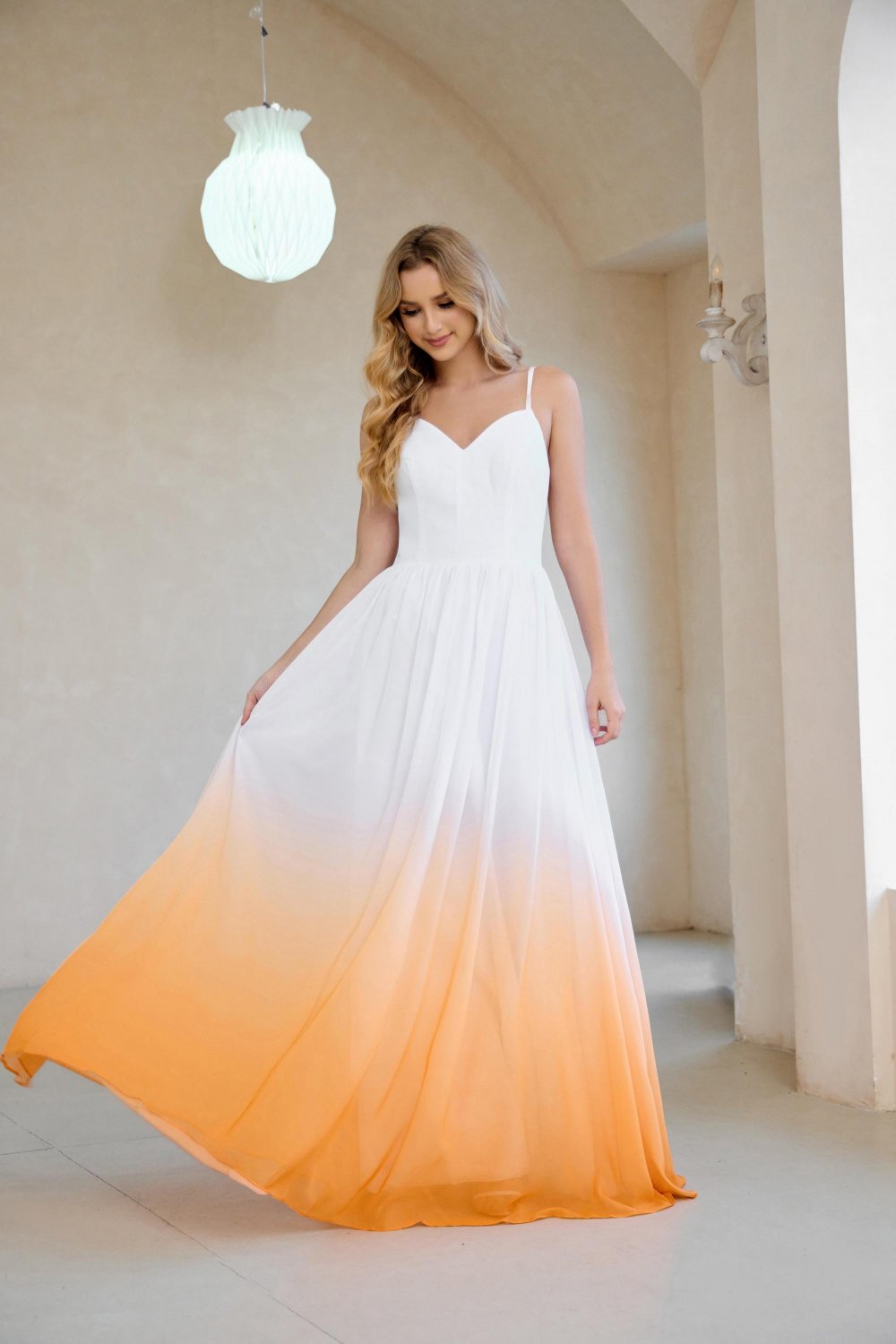Boho Wedding Dress White Orange Ombre Wedding Gowns Deep V-neck Sleeveless Chiffon Bridal Dress