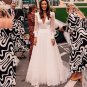 Deep V-Neck Boho Puffy Sleeves Wedding Dress A-Line Pearls Satin Illusion Bride Gown