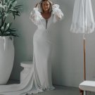Long Sleeves Deep V-Neck Wedding Dress Bridal Gown Ruffles Mermaid Satin Backless Simple