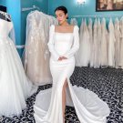 Long Sleeves Square Collar Satin Wedding Dress Mermaid Backless Bride Gown