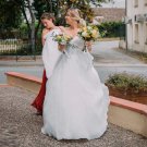 Off-Shoulder Wedding Dress Short Sleeves V-Neck Bridal Gown A-Line Backless