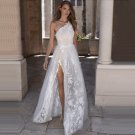 A-line High Split Beach Wedding Dress Ruched Tulle Lace Boho One Shoulder Custom Made