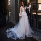 Long Puff Sleeves Embroidery Lace Wedding Dress Custom Made