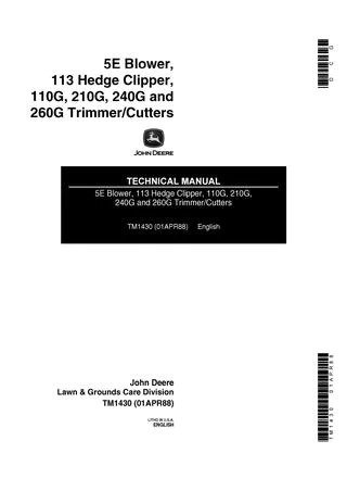 John Deere 5E Blower, 113 Hedge Clipper, 110G, 210G, 240G, 260G Trimmer, Cutter  Manual TM1430