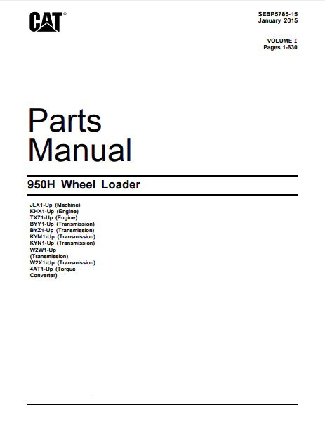 Caterpillar CAT 950H Wheel Loader Parts Catalog Manual JLX1-UP